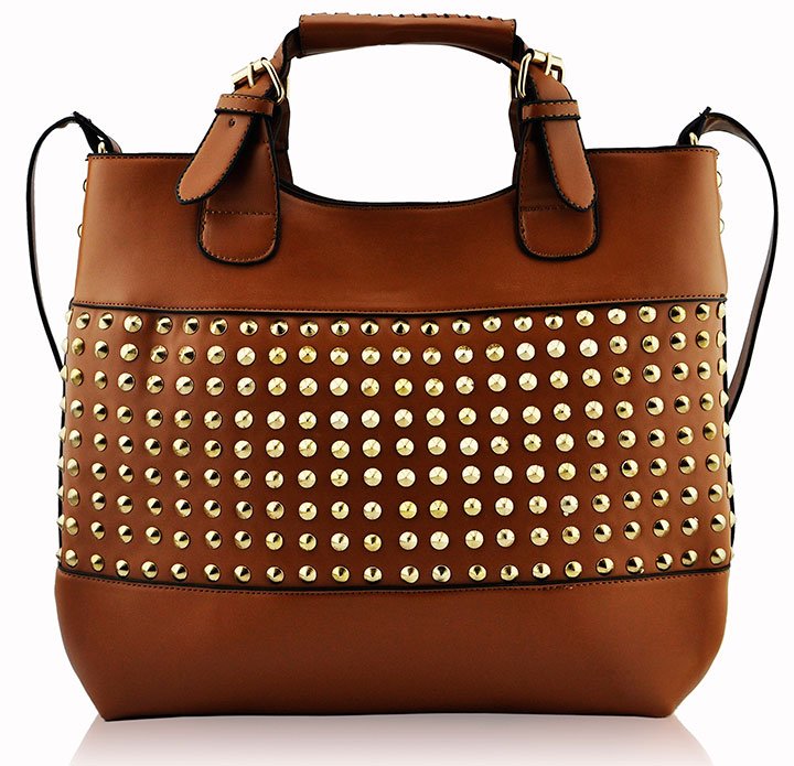 Wholesale Brown dies Fashion Studded Tote Handbag