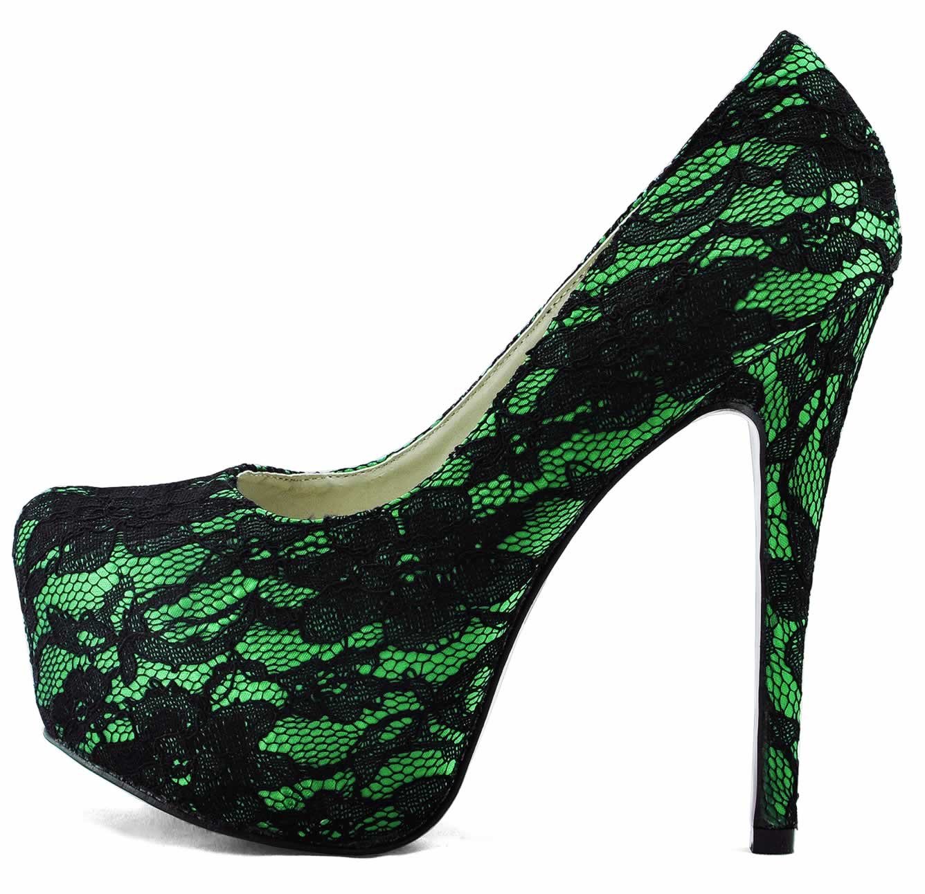Home Women's Shoes LSS00125 - Green Lace Covered Platform Court Shoes