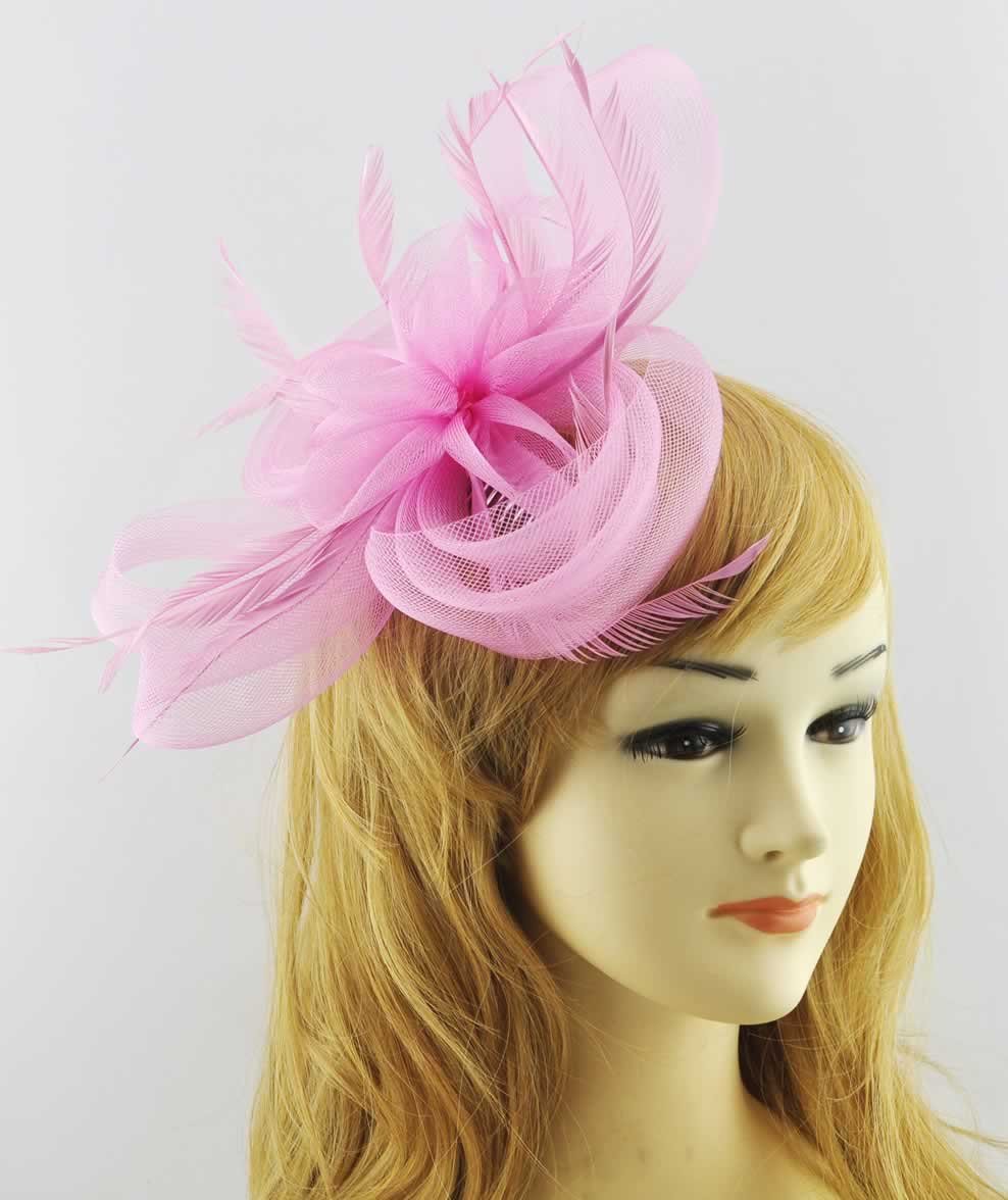 Wholesale Pink Feather & Mesh Flower Fascinator on Clip