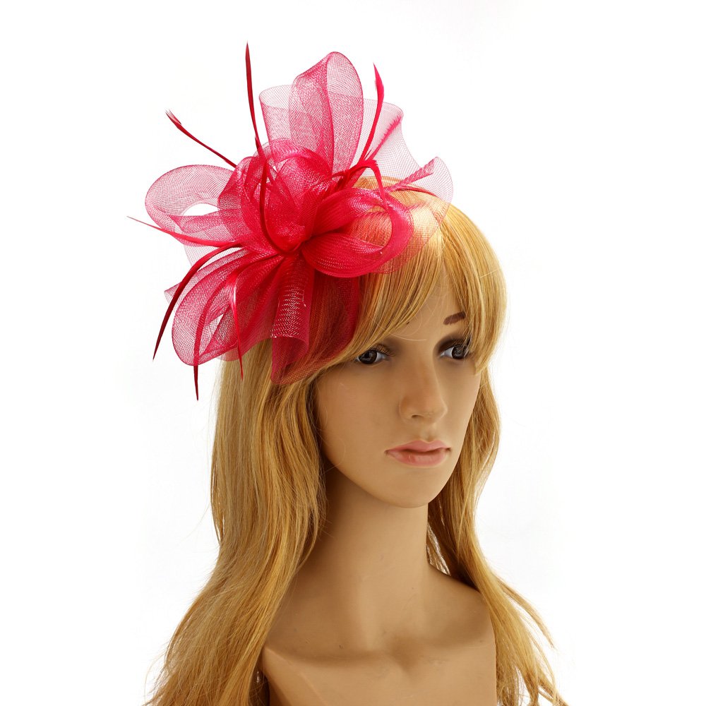 AGF00217 Wine Red Feather & Mesh Hair Fascinator