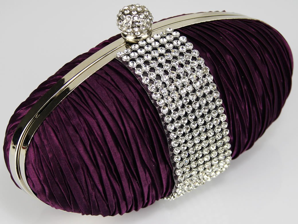 Wholesale Purple Clutch Bag With Satin Ruffle & Diamante Trim