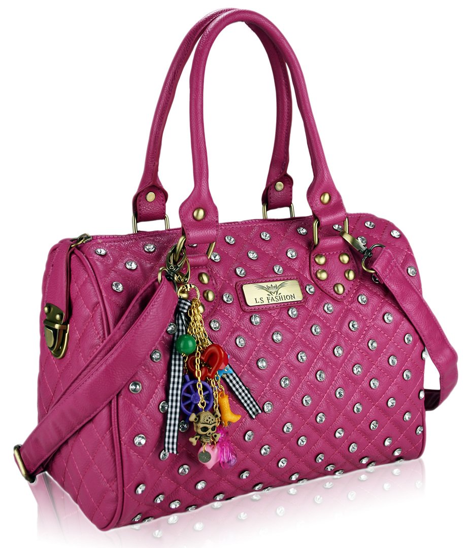 Home HANDBAGS LS7011 - Pink Quilted Tote Bag With Crystal Decoration