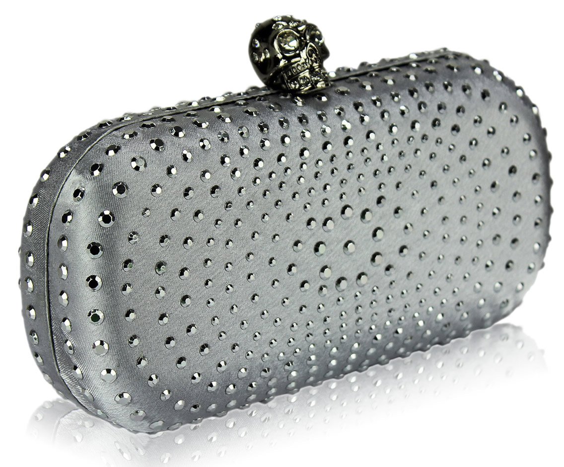 Wholesale Silver Satin Clutch Bag With Crystal-Encrusted Skull Clasp