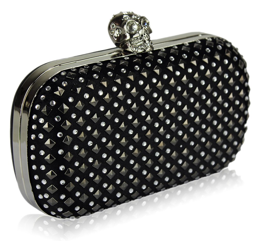 Wholesale Black Stud Clutch Bag With CrystalEncrusted Skull Clasp