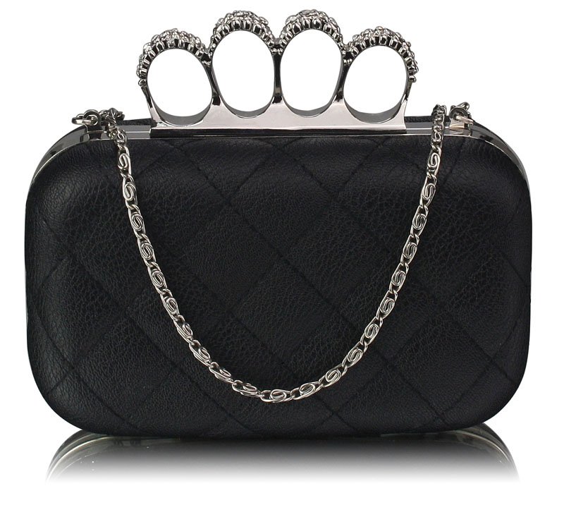 Wholesale Black Ostrich Skin Skull Knuckle Clutch/Crossbody purse