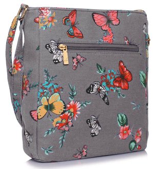 LS00488 - Grey Butterfly Canvas Cross Body Bag School Messenger Shoulder Bag