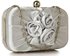 LSE00326 - Silver Satin Pleated Flower Front Clutch Bag