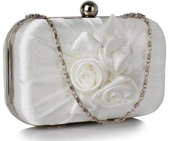 LSE00326 - Ivory Satin Pleated Flower Front Clutch Bag
