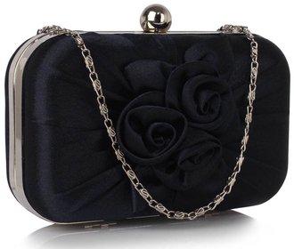 LSE00326 - Navy Satin Pleated Flower Front Clutch Bag
