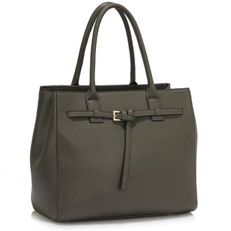 LS00447 - Grey Tote Handbag Features Buckle Belts
