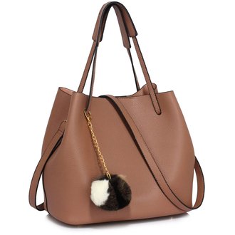 LS00190 - Nude Hobo Bag With Faux-Fur Charm