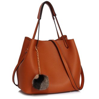 LS00190 - Brown Hobo Bag With Faux-Fur Charm