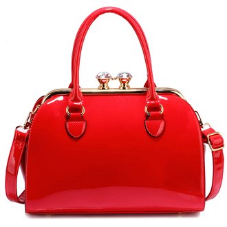 AG00378 - Red Patent Satchel With Metal Frame