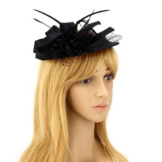 AGF00221 - Black Feather Hat Mesh Beaded Fascinator