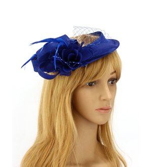 AGF00221 - Royal Blue Feather Hat Mesh Beaded Fascinator