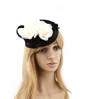 AGF00240 - Black / Ivory Flower Mesh Feather Hat Fascinator