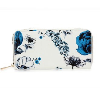 AGP1108 - White / Blue Floral Print Zip Around Purse / Wallet