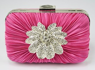 LSE006 - Pink Gorgeous Satin Rouched Brooch Hard Case Pink Evening Bag
