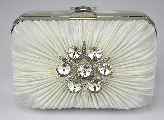 LSE0070 - Ivory Gorgeous Satin Rouched Brooch Hard Case Ivory Evening Bag