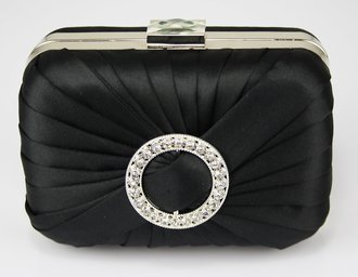 LSE0071 - Black Gorgeous Satin Rouched Brooch Hard Case Black Evening Bag