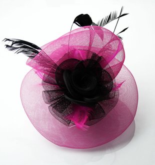 LSH0048 - Black/Pink Feather and Flower Fascinator on Comb