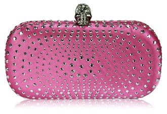LSE00146-Pink Satin Clutch Bag With Crystal-Encrusted Skull Clasp