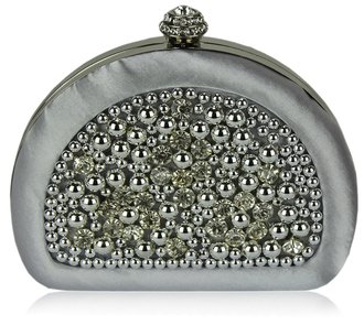 LSE00153 - Silver Beaded Pearl Rhinestone Clutch Bag
