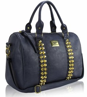 LS00240 - L.S Fashion Navy Stunning  Studded Barrel Bag With Long Strap