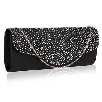 LSE00253 - Black / Silver Diamante Design Evening Flap Over Party Clutch Bag