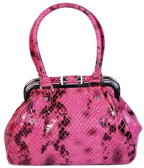 LS1019 - Pink Faux Snake Skin Satchel Metal Frame Bag