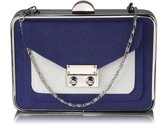 LSE00268 - Navy / White Hardcase Clutch Bag With Long Chain