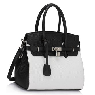 LS00140 - Black / White Padlock Tote With Long Strap