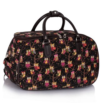 AGT00308 - Black Owl Print Travel Holdall Trolley Luggage With Wheels - CABIN APPROVED
