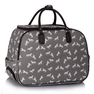 LS00309A - Grey Horse Print Travel Holdall Trolley Luggage With Wheels - CABIN APPROVED