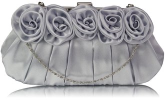 LSE00287 - Silver Flower Design Satin Evening Bag