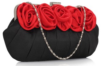LSE00287 - Black / Red Flower Design Satin Evening Bag