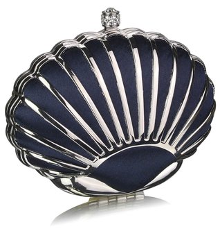 LSE00163- Navy Shell Clutch Bag With Crystal-Encrusted Clasp