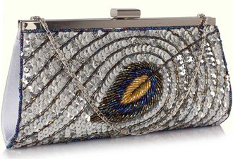 LSE00295 - Silver Sequin Peacock Feather Design Clutch Evening Party Bag