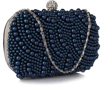 LSE00209 - Navy Beaded Pearl Rhinestone Clutch Bag