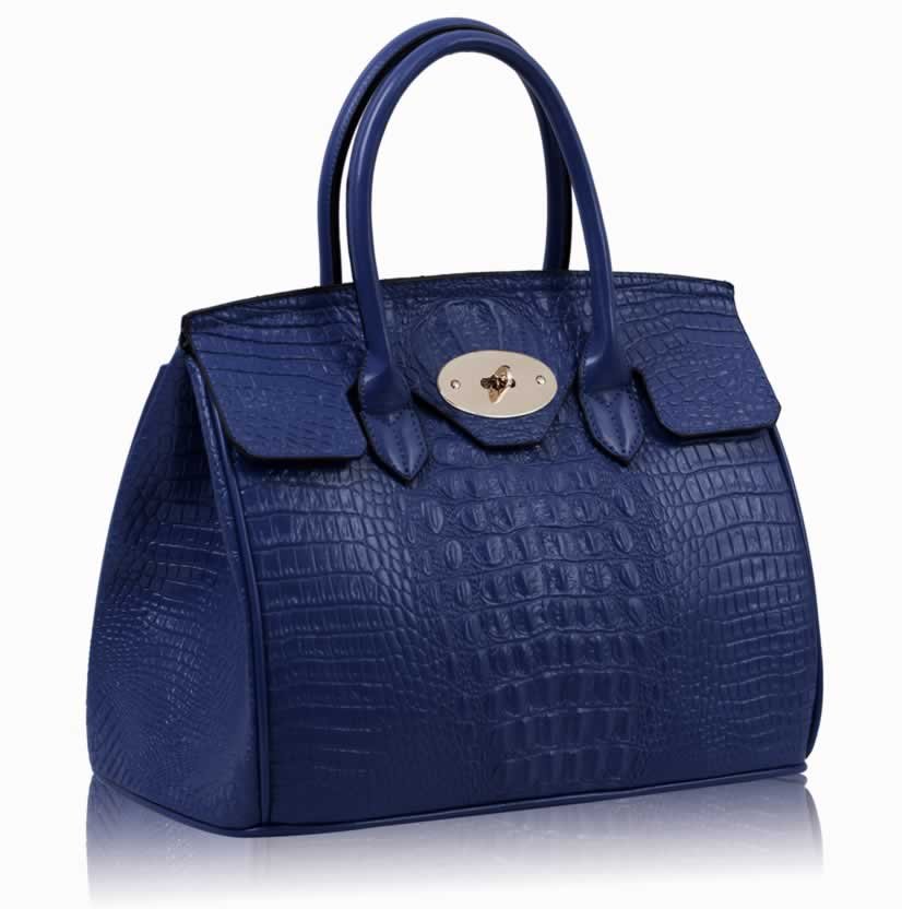 Navy Twist-Lock Closure Tote Bag In Mock- Croc