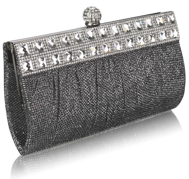 Black/Silver Ruched Satin Clutch With Crystal Decoration