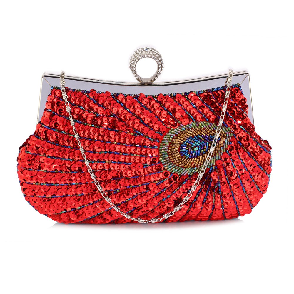 Wholesale & B2B Red Sequin Peacock Feather Design Clutch Evening Party ...