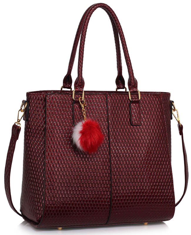LS00512 - Burgundy Tote Grab Handbag With Faux Fur Charm