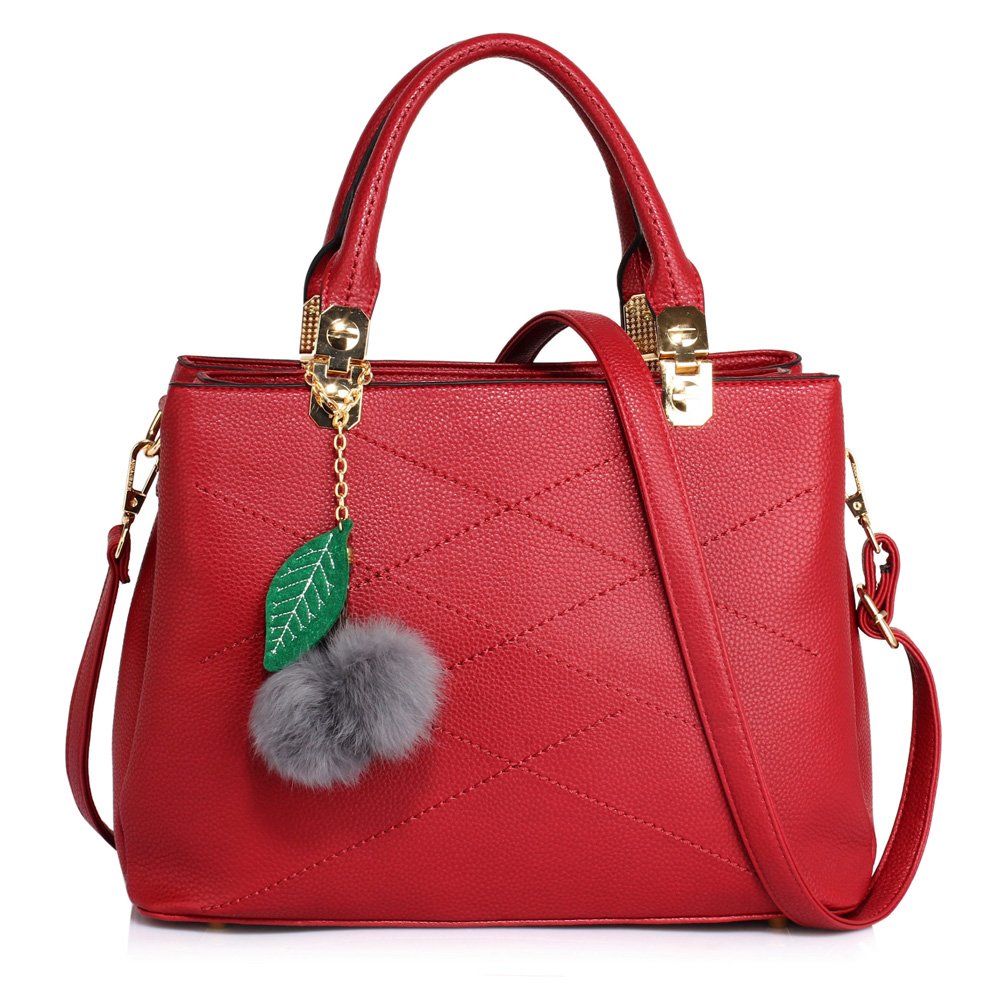 AG00537M - Burgundy Tote Shoulder Bag With Faux-Fur Charm