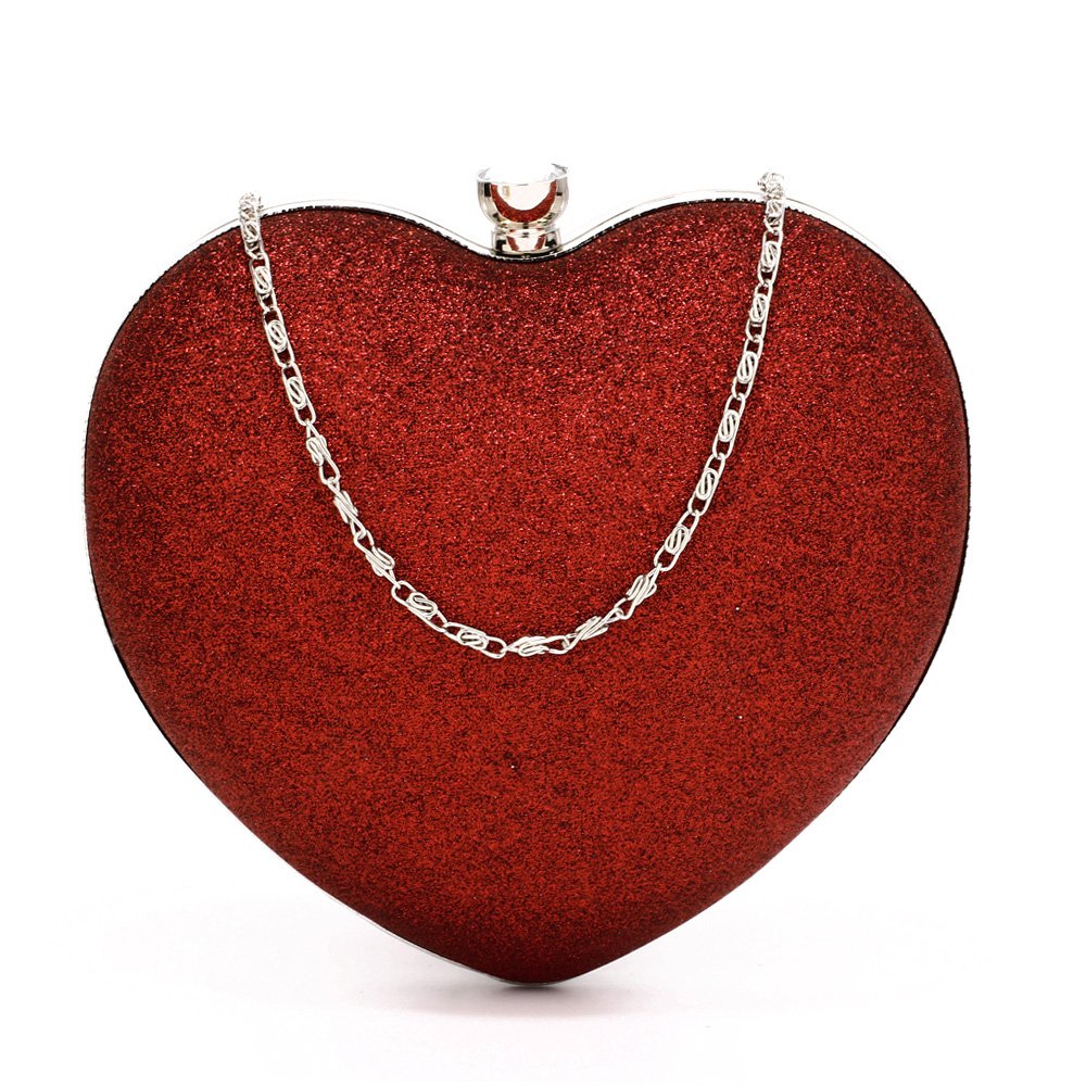 AGC00357 - Red Glittery Hardcase Heart Clutch Bag