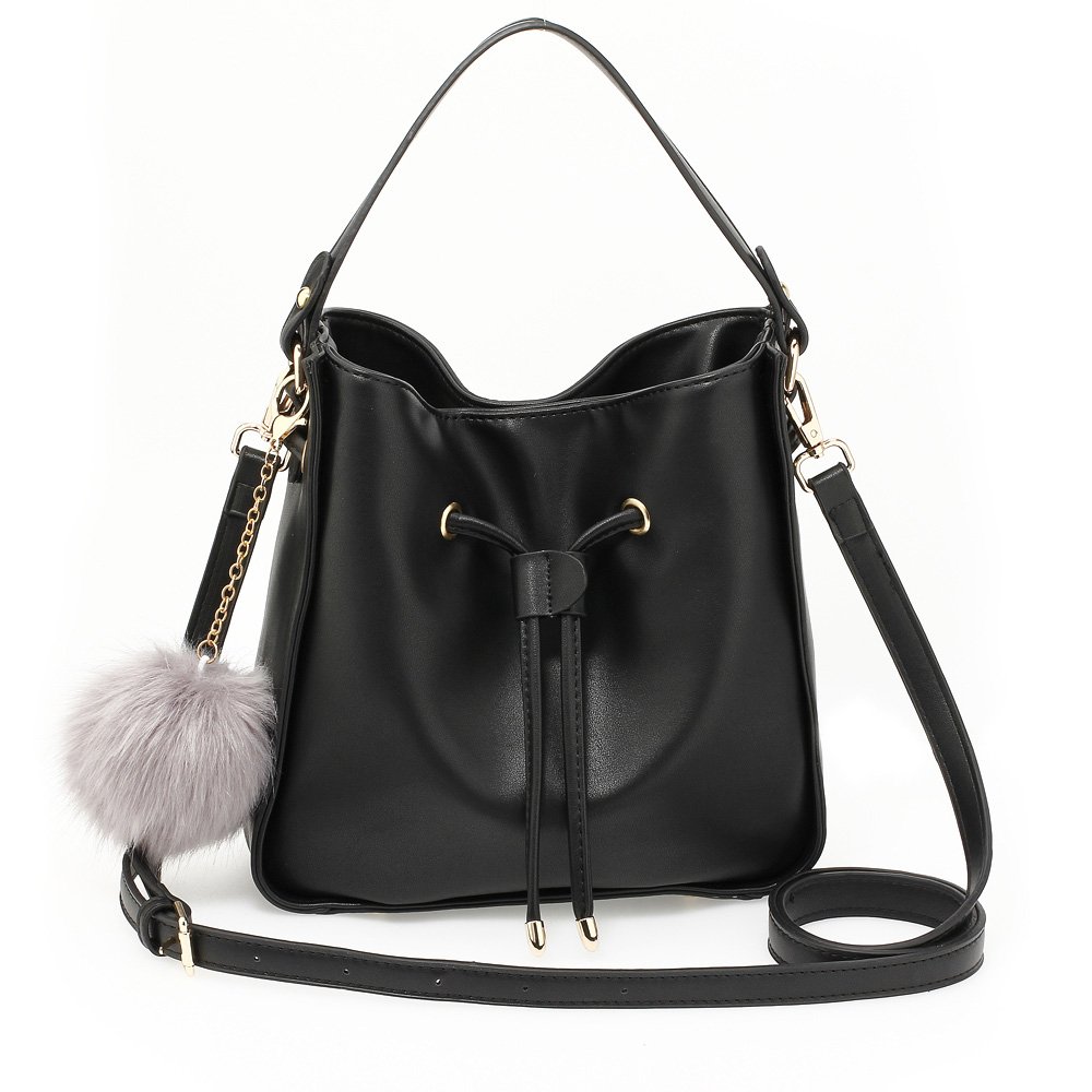 Wholesale Black Drawstring Tote Bag With Faux-Fur Bag Charm AG00591S