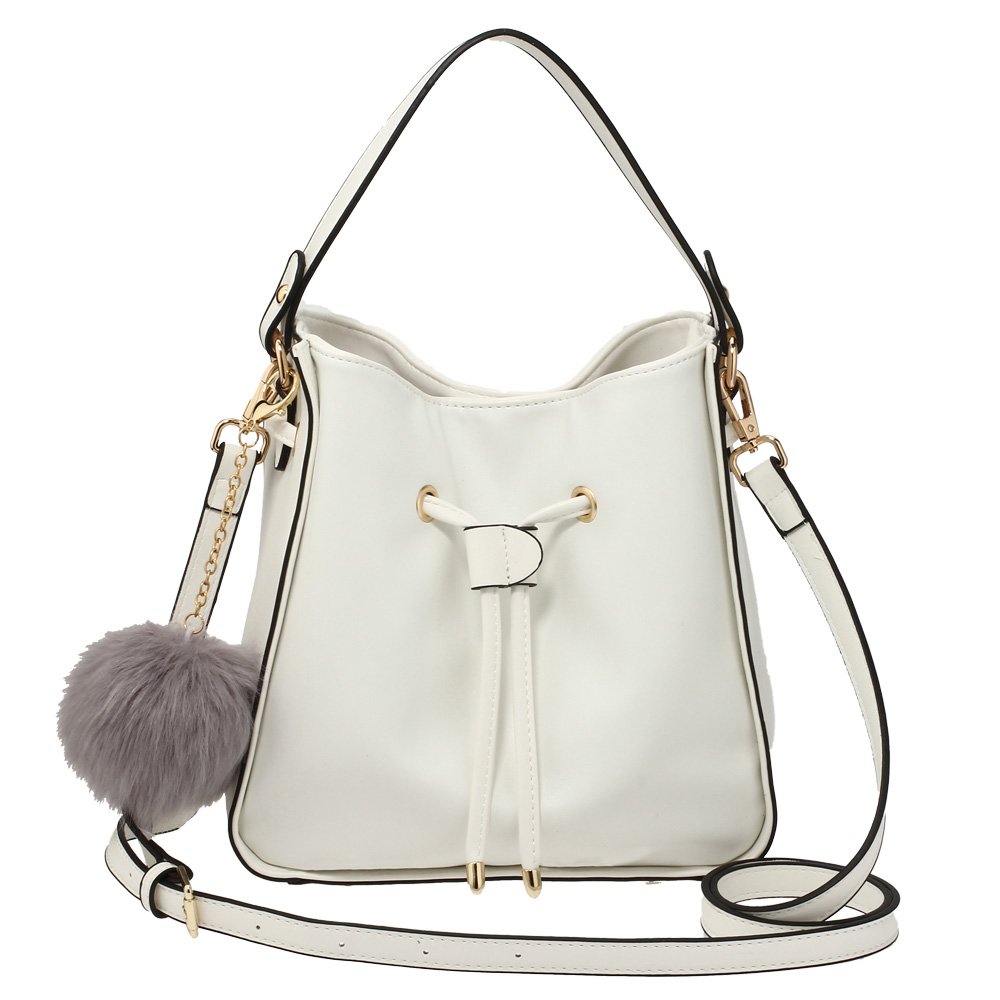 Wholesale White Drawstring Tote Bag With Faux-Fur Bag Charm AG00591S