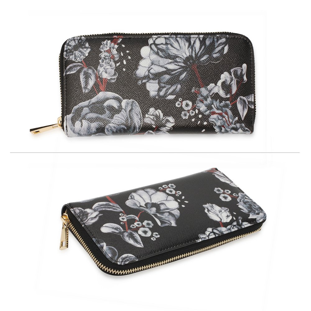 Wholesale Black / White Floral Print Zip Around Purse / Wallet AGP1108