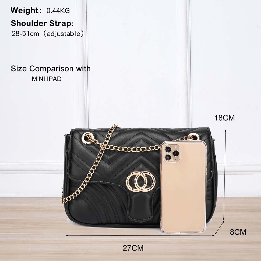 AG00778 Black Flap Cross Body Shoulder Bag With Gold Metal Work