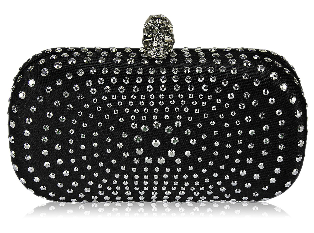 Wholesale Black Satin Clutch Bag With CrystalEncrusted Skull Clasp